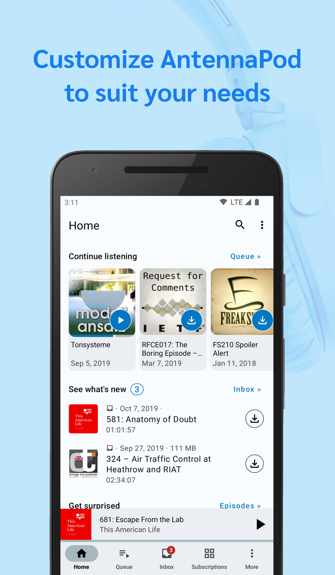 Official AntennaPod promotional screenshot showing the home screen
