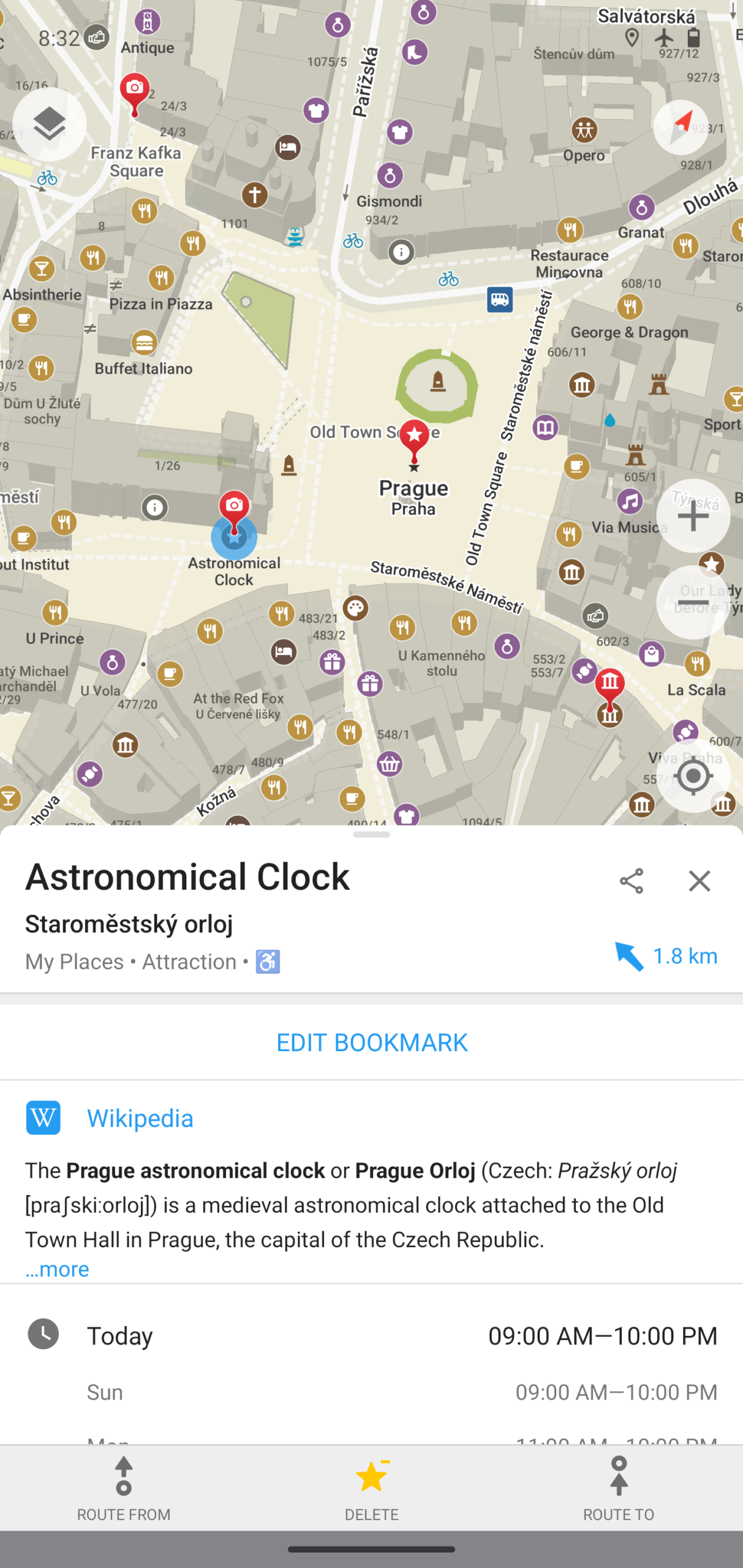 Official Organic Maps screenshot showing a selected place in Prague